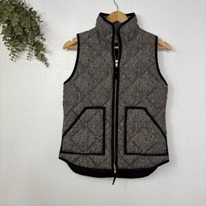 J Crew Quilted Vest Herringbone Tweed Black Tan Zip Pockets Women XS